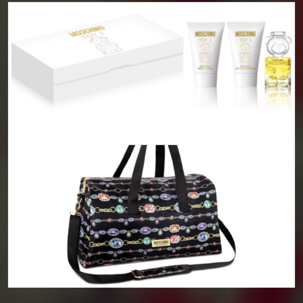NEW Moschino Fragrances black duffle bag travel shoulder weekender+ 3 pc set